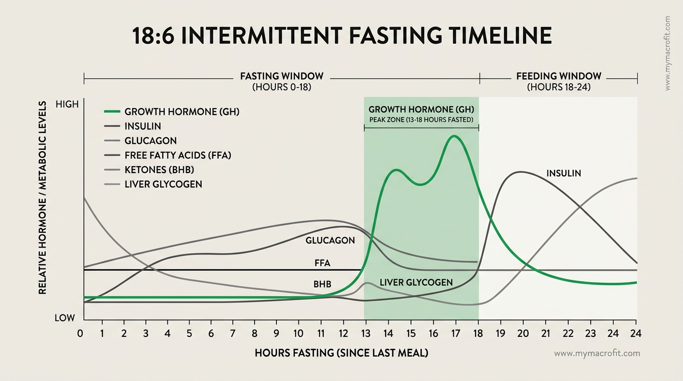18:6 fasting timeline, showing metabolic changes, hormonal shifts, and optimal eating window placement