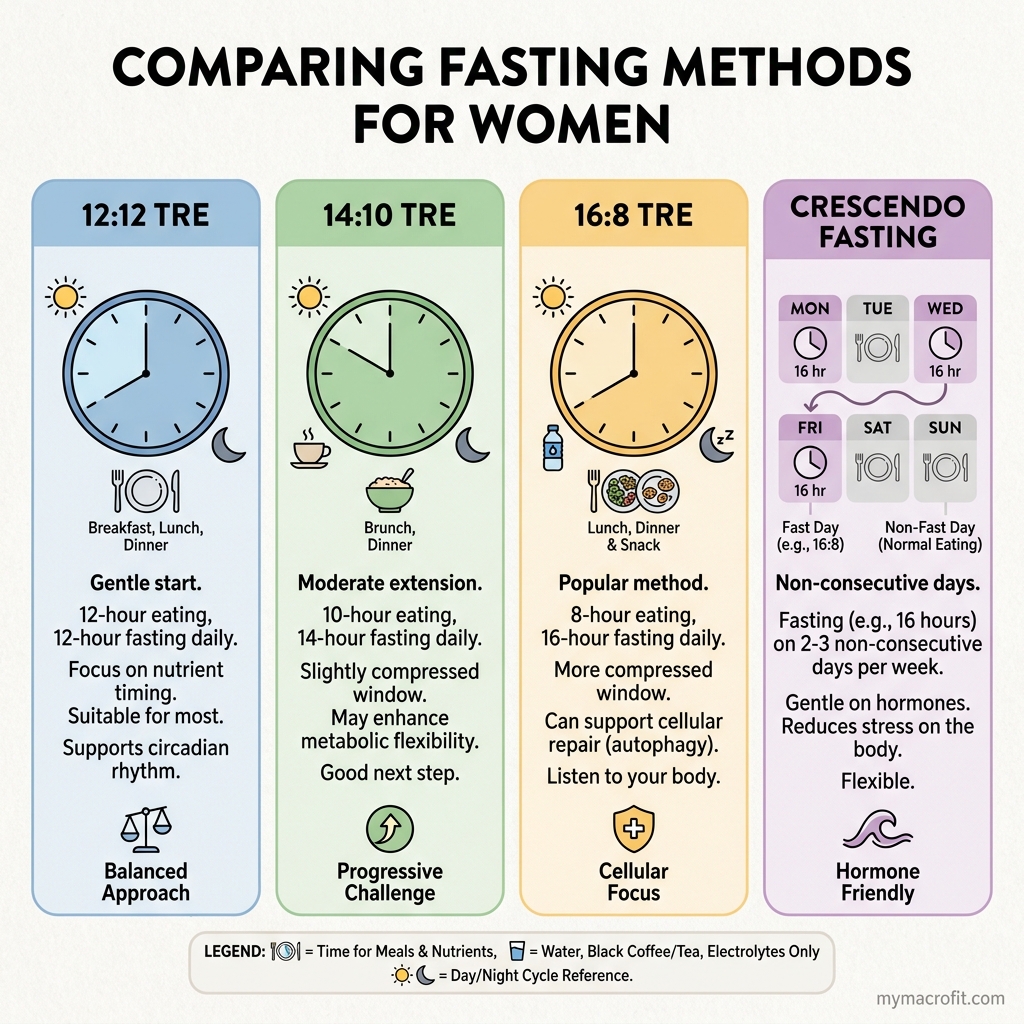 IF protocol comparison for women, 16:8 vs 14:10 vs 5:2 with hormonal risk and recommended use case for each