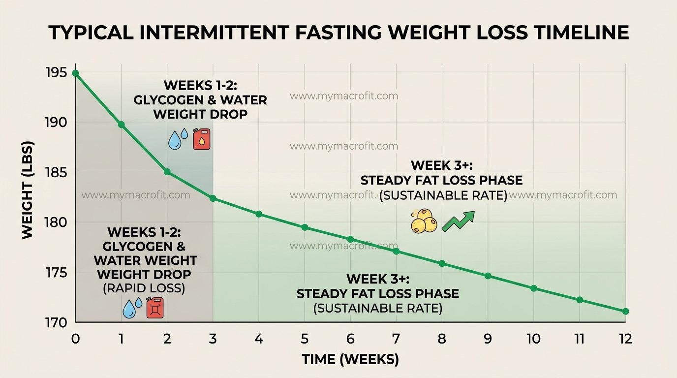 Intermittent fasting results chart, showing typical weight loss curve with glycogen drop in weeks 1-2 and steady fat loss afterwards
