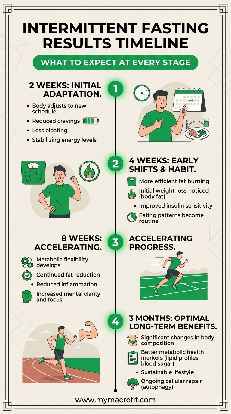 Intermittent fasting results timeline, what to expect at 2 weeks, 4 weeks, 8 weeks, and 3 months