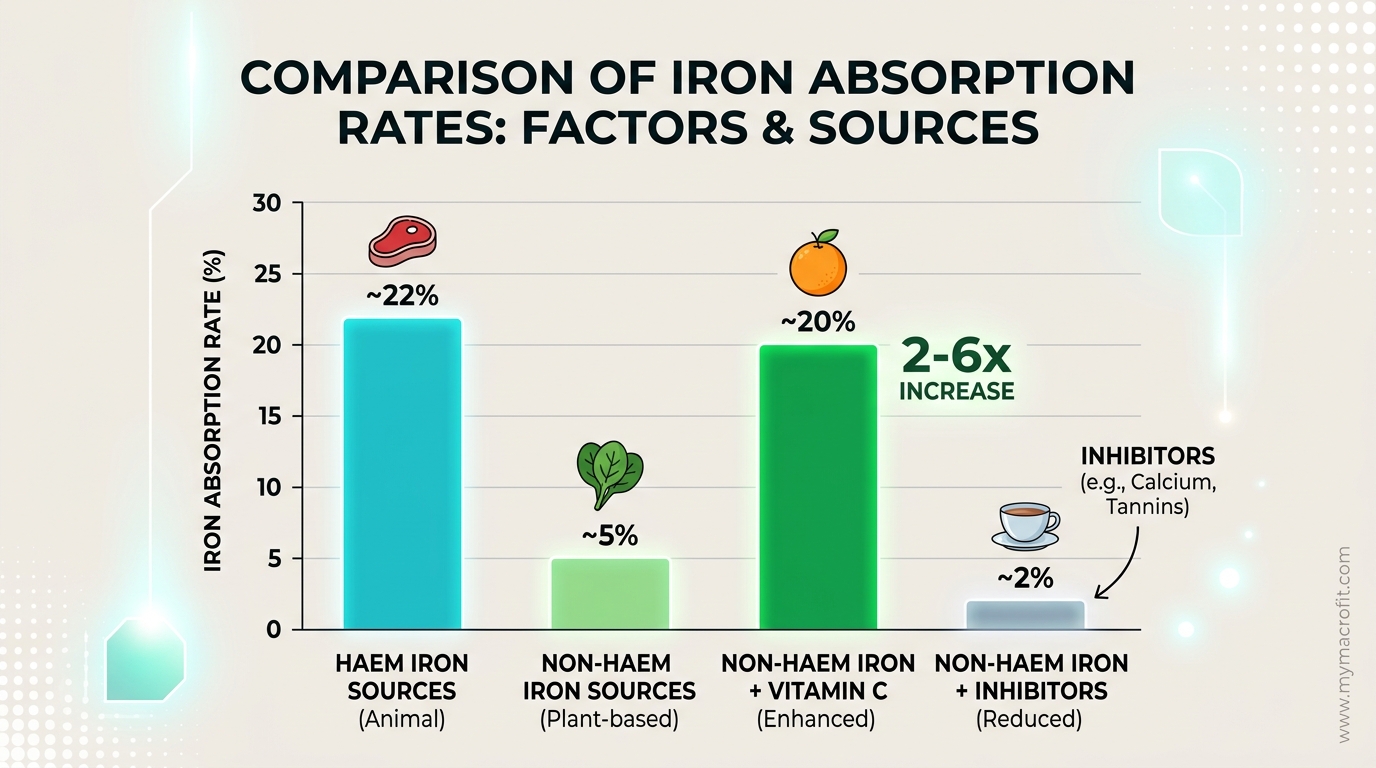 Iron absorption comparison, haem vs non-haem iron sources, vitamin C enhancement effect, and inhibitor impact