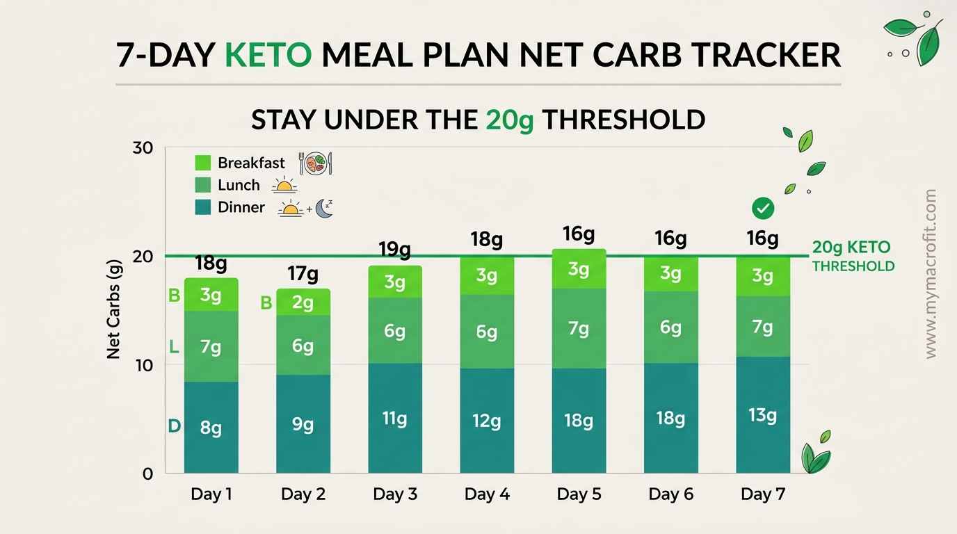 7-day keto meal plan net carb summary, daily totals and meal breakdown showing how to stay under 20g