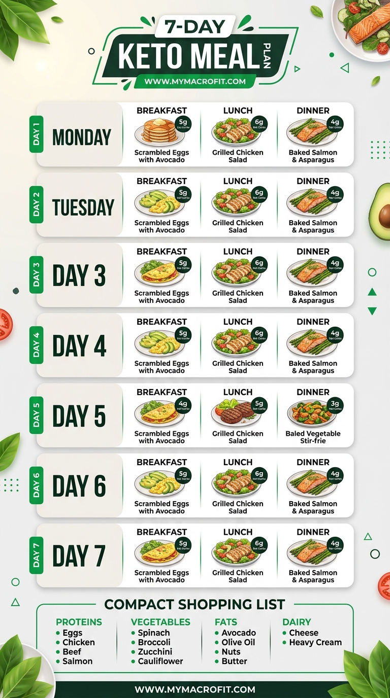 7-day keto meal plan, daily meals with net carb counts and shopping list