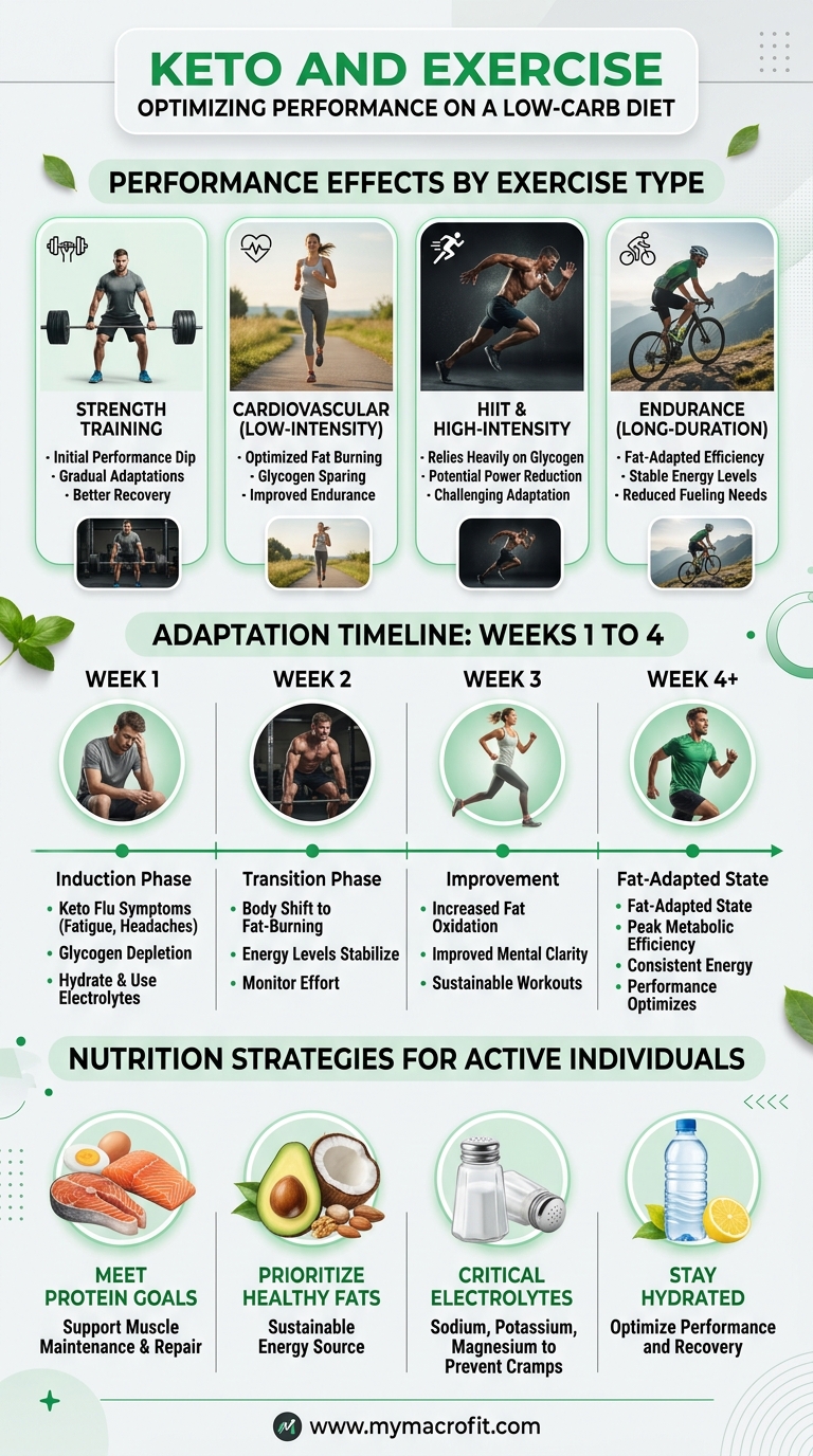 Keto and exercise, performance effects by exercise type, adaptation timeline, and strategies for active people on low-carb