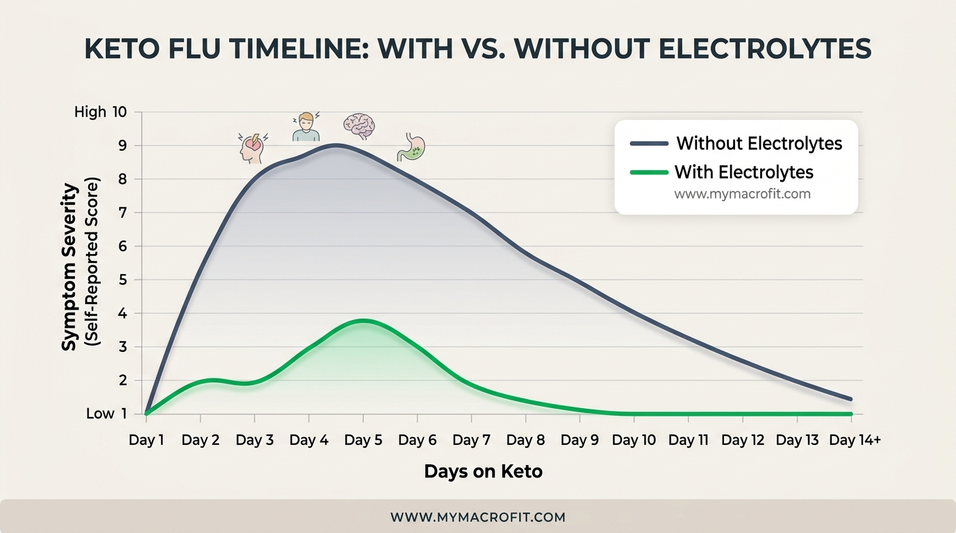 Keto flu timeline and electrolyte protocol, showing symptom onset, peak, and resolution with vs without supplementation