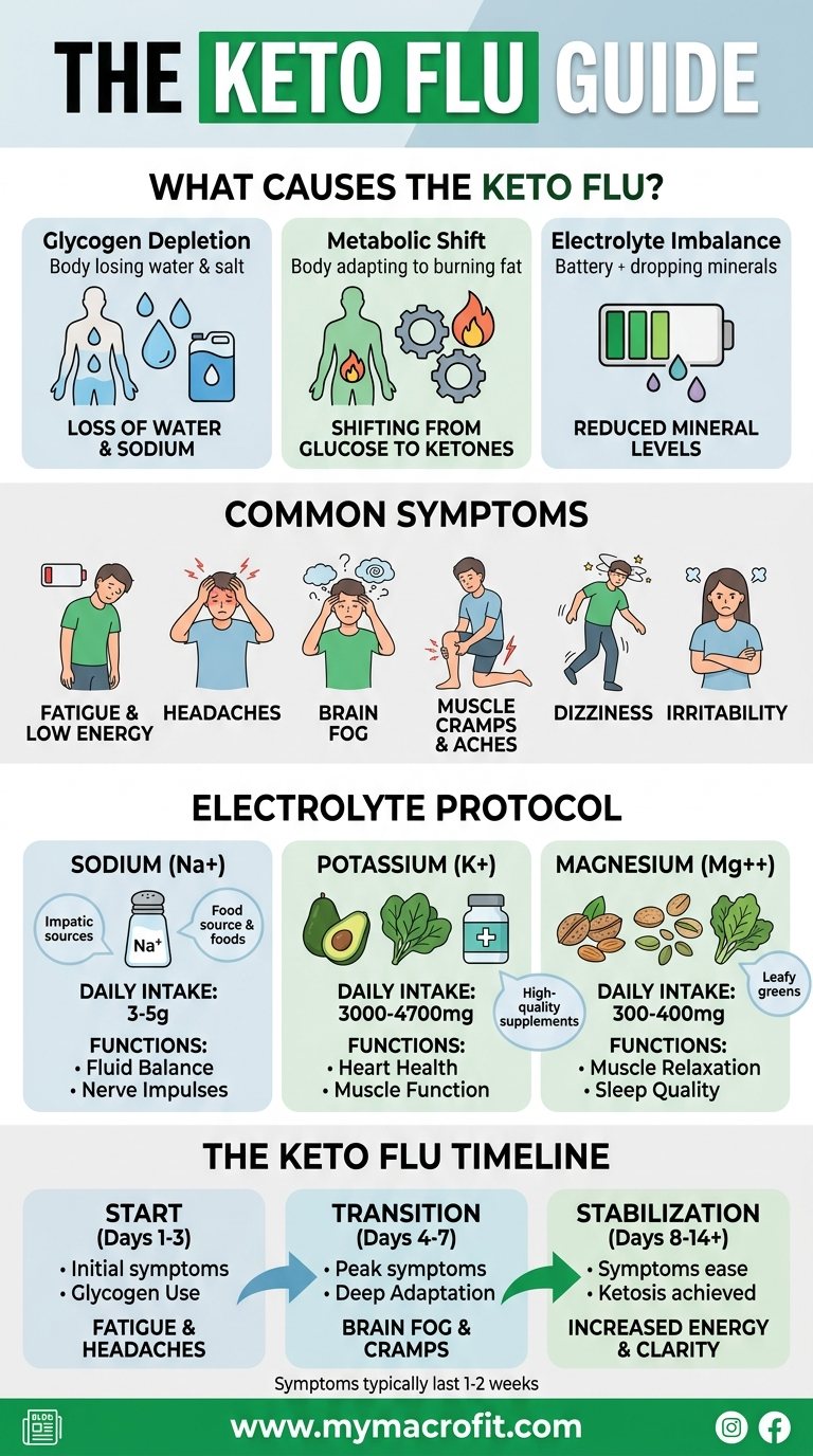 Keto flu guide, causes, symptoms, electrolyte protocol, and timeline to resolution