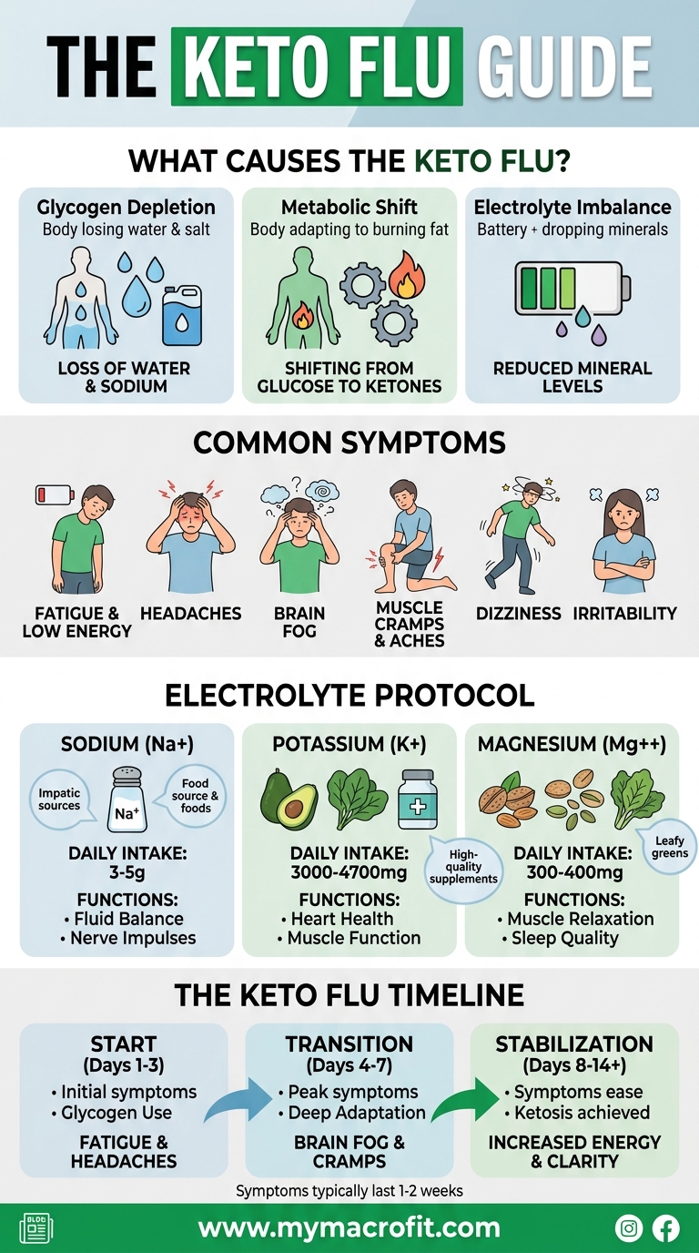 Keto flu guide, causes, symptoms, electrolyte protocol, and timeline to resolution