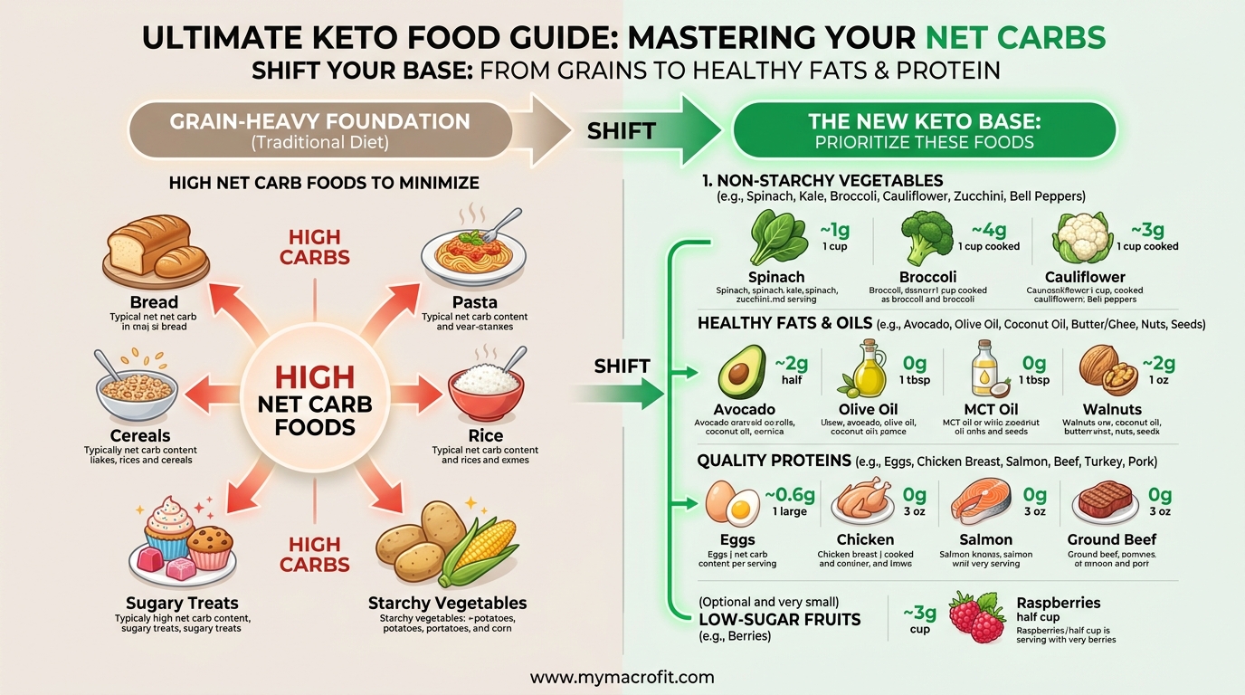 Keto food guide, approved foods and foods to avoid with net carb content for common items