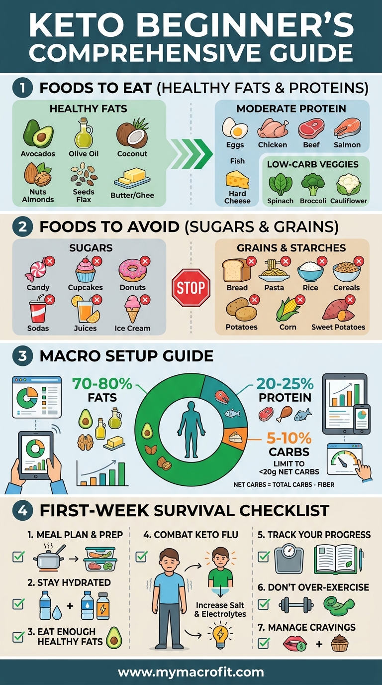 Keto for beginners, what to eat, what to avoid, macros setup, and first-week survival guide