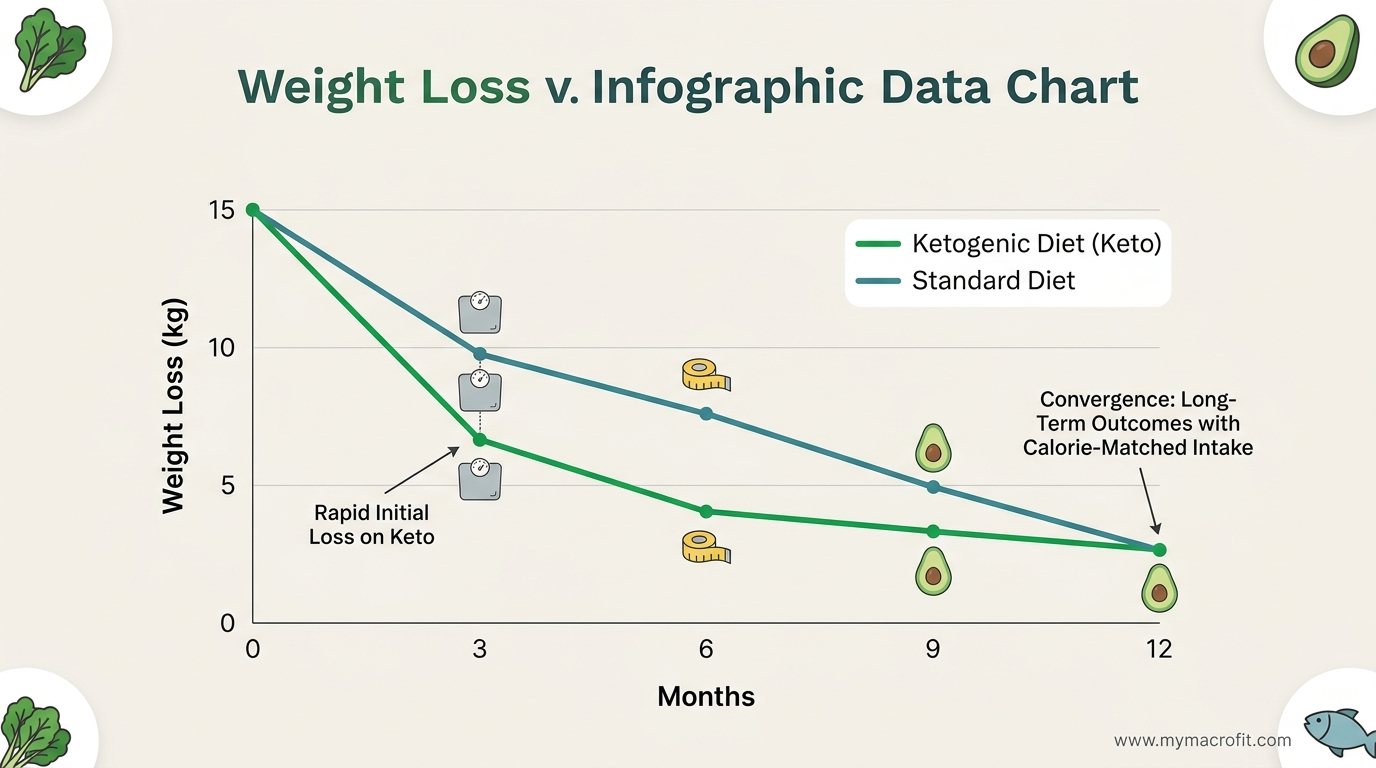 Keto vs standard diet weight loss comparison, showing short-term keto advantage that converges at 12 months when calories are matched