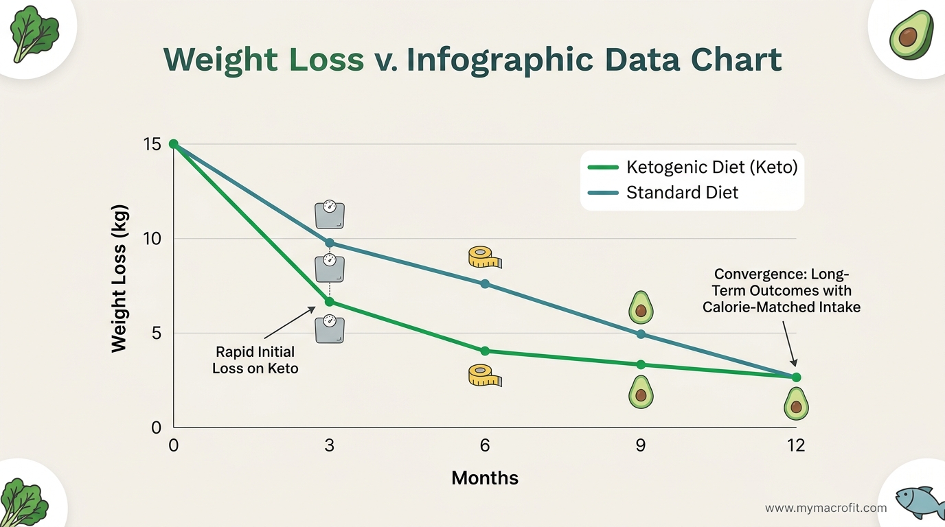 Keto vs standard diet weight loss comparison, showing short-term keto advantage that converges at 12 months when calories are matched