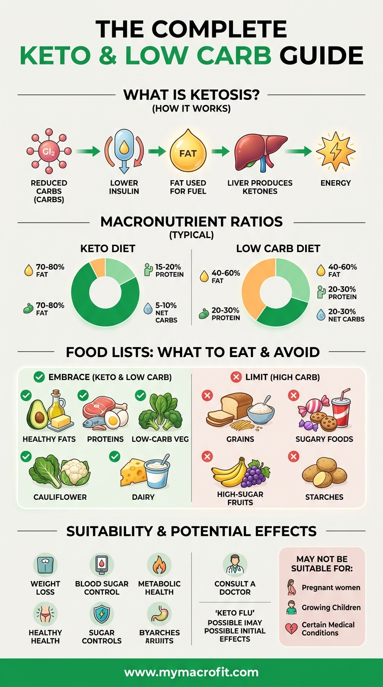 Complete keto and low carb guide, how ketosis works, what to eat, macros breakdown, and who it suits