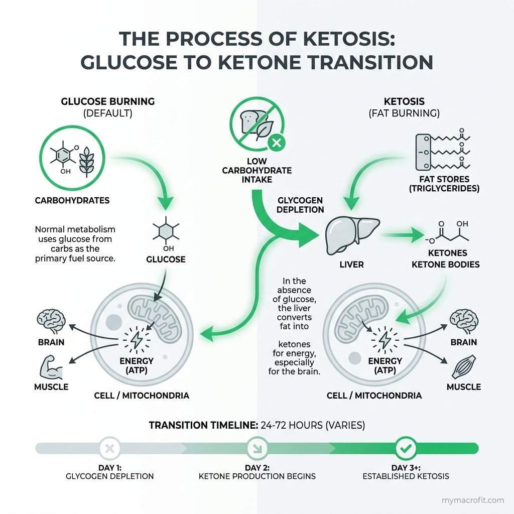 Keto macro calculation step-by-step diagram, TDEE to calorie target, then carbs fixed, then protein, then fat fills remainder
