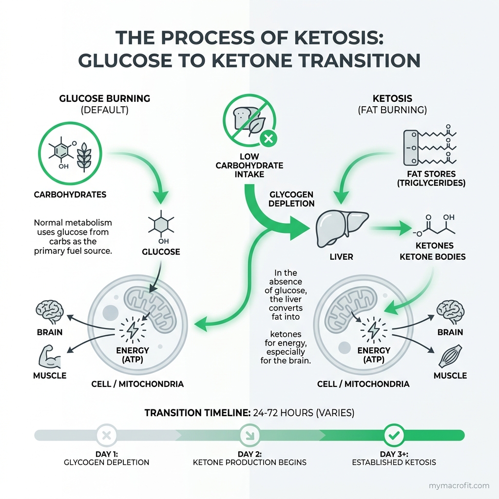 Keto macro calculation step-by-step diagram, TDEE to calorie target, then carbs fixed, then protein, then fat fills remainder