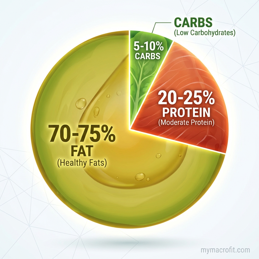 Keto macro ratios, pie chart showing 70% fat, 25% protein, 5% carbs