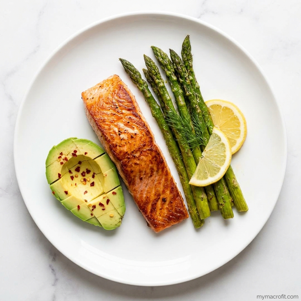 Keto-friendly foods, eggs, fatty fish, avocado, nuts, leafy greens and full-fat dairy arranged as a keto meal
