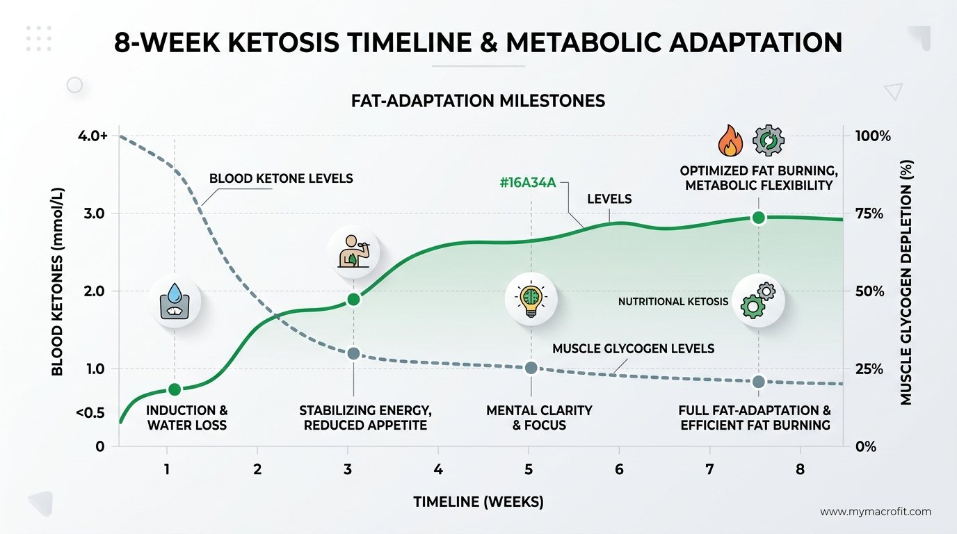 Ketosis timeline, showing blood ketone levels, glycogen depletion, and adaptation milestones over 8 weeks