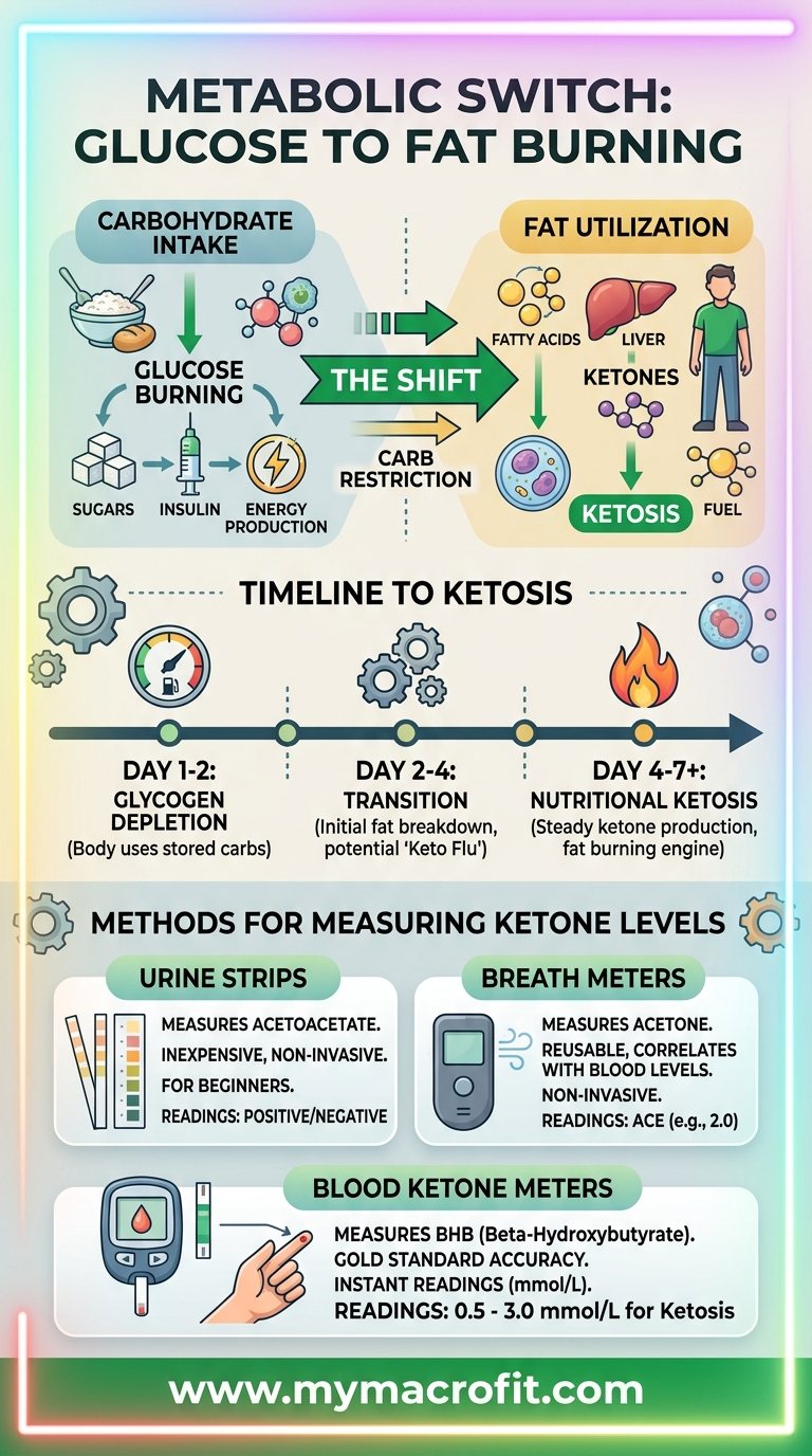 Ketosis explained, the metabolic transition from glucose to fat burning, timeline to ketosis, and how to measure ketone levels