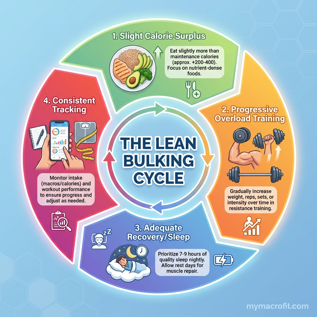 Lean bulking training structure diagram, progressive overload principles, training splits and volume targets for hypertrophy