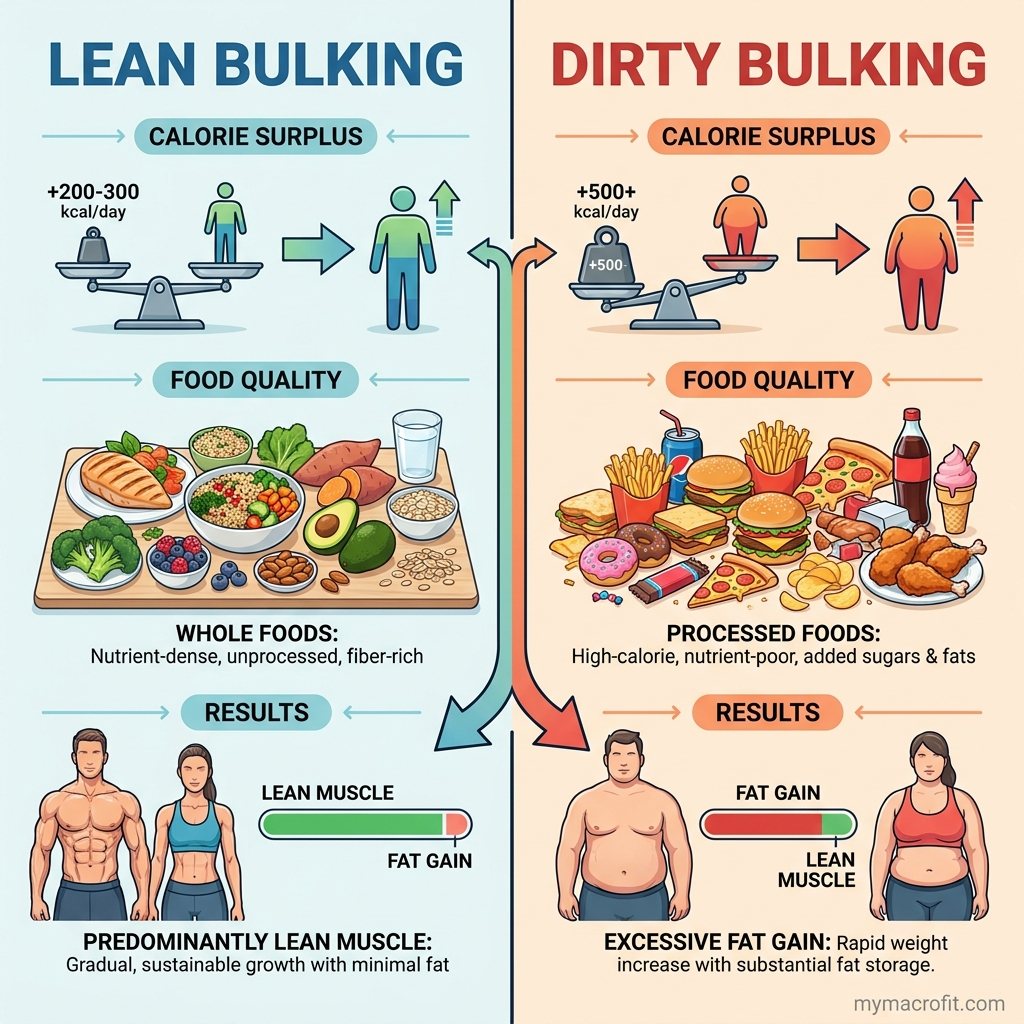 Lean bulk vs dirty bulk, comparison showing small 200-300 kcal surplus vs large 500-1000 kcal surplus