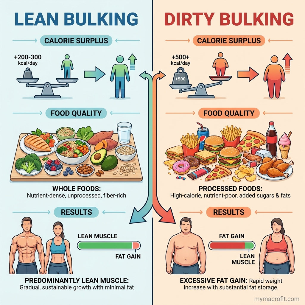 Lean bulk vs dirty bulk, comparison showing small 200-300 kcal surplus vs large 500-1000 kcal surplus