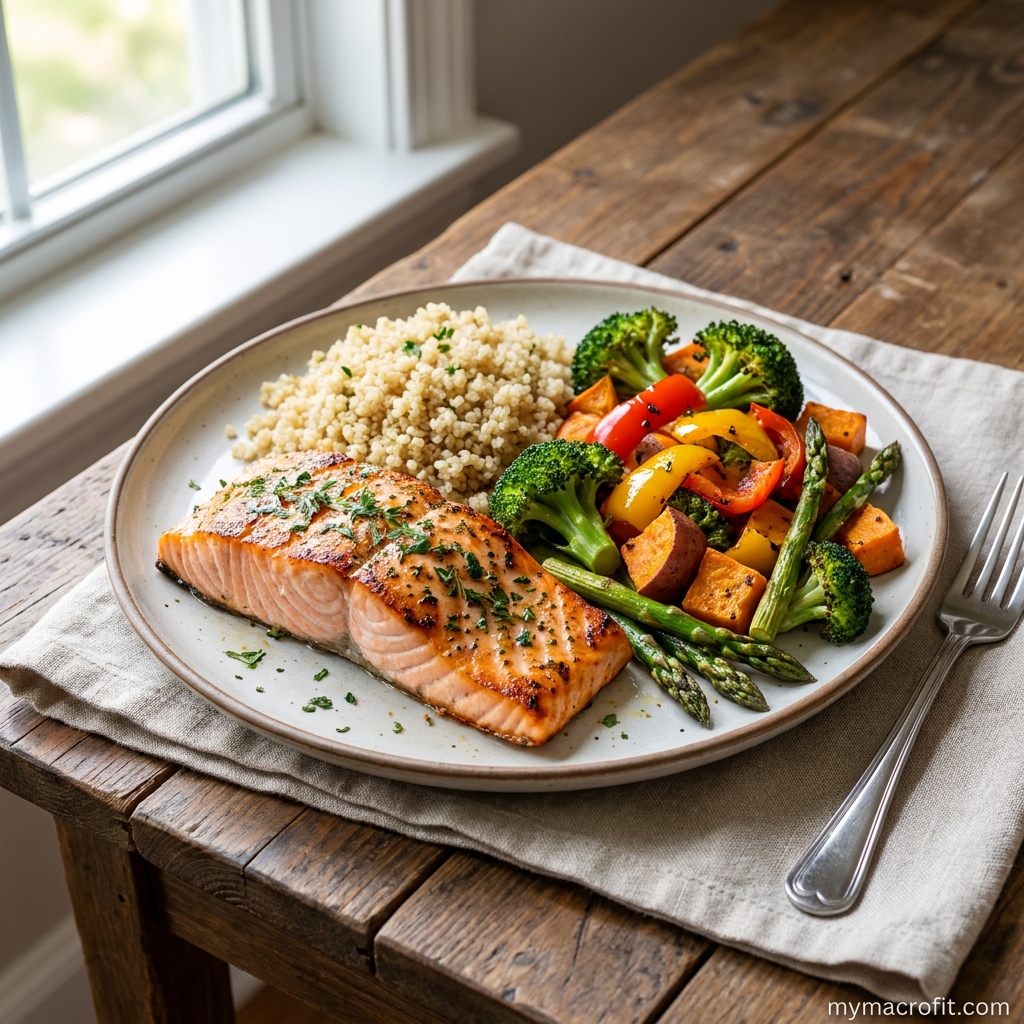Lean bulk macro meal, high-carb, high-protein meal with rice, chicken and vegetables to fuel muscle building