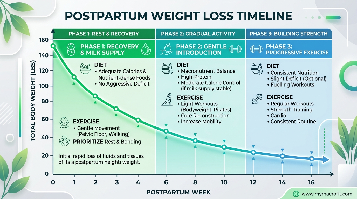Postpartum weight loss timeline, typical weight change by week with appropriate dietary and exercise phases