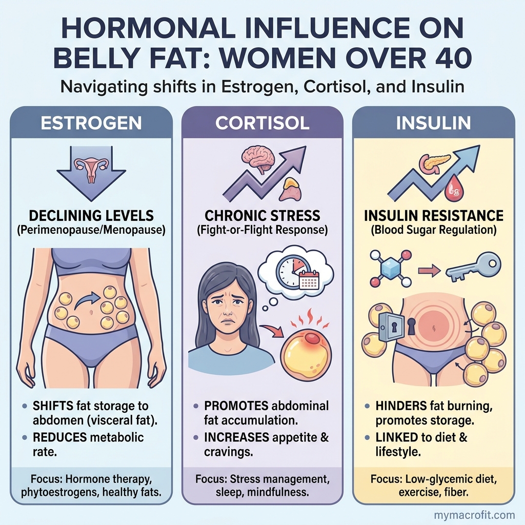 Losing belly fat after 40, why it accumulates (falling oestrogen, rising cortisol) vs what actually works