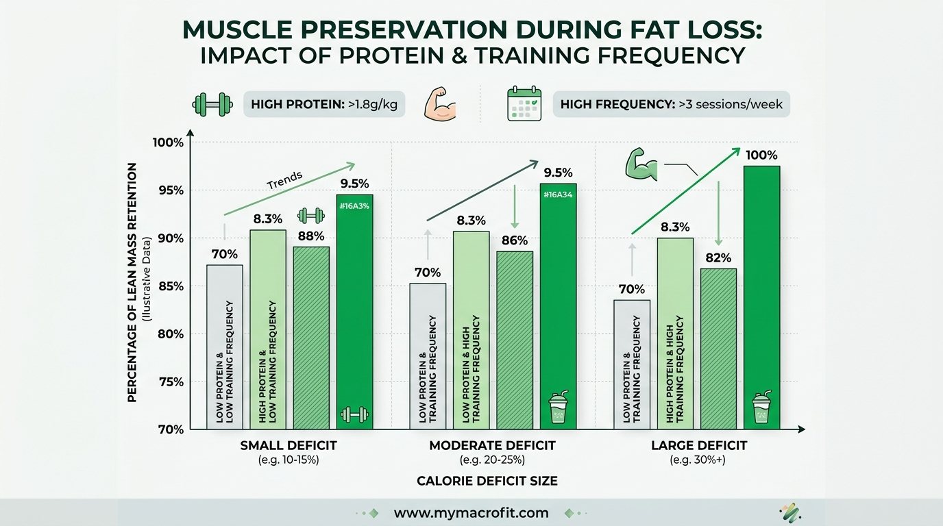 Muscle preservation during fat loss, showing effect of protein intake, training frequency and deficit size on lean mass retention