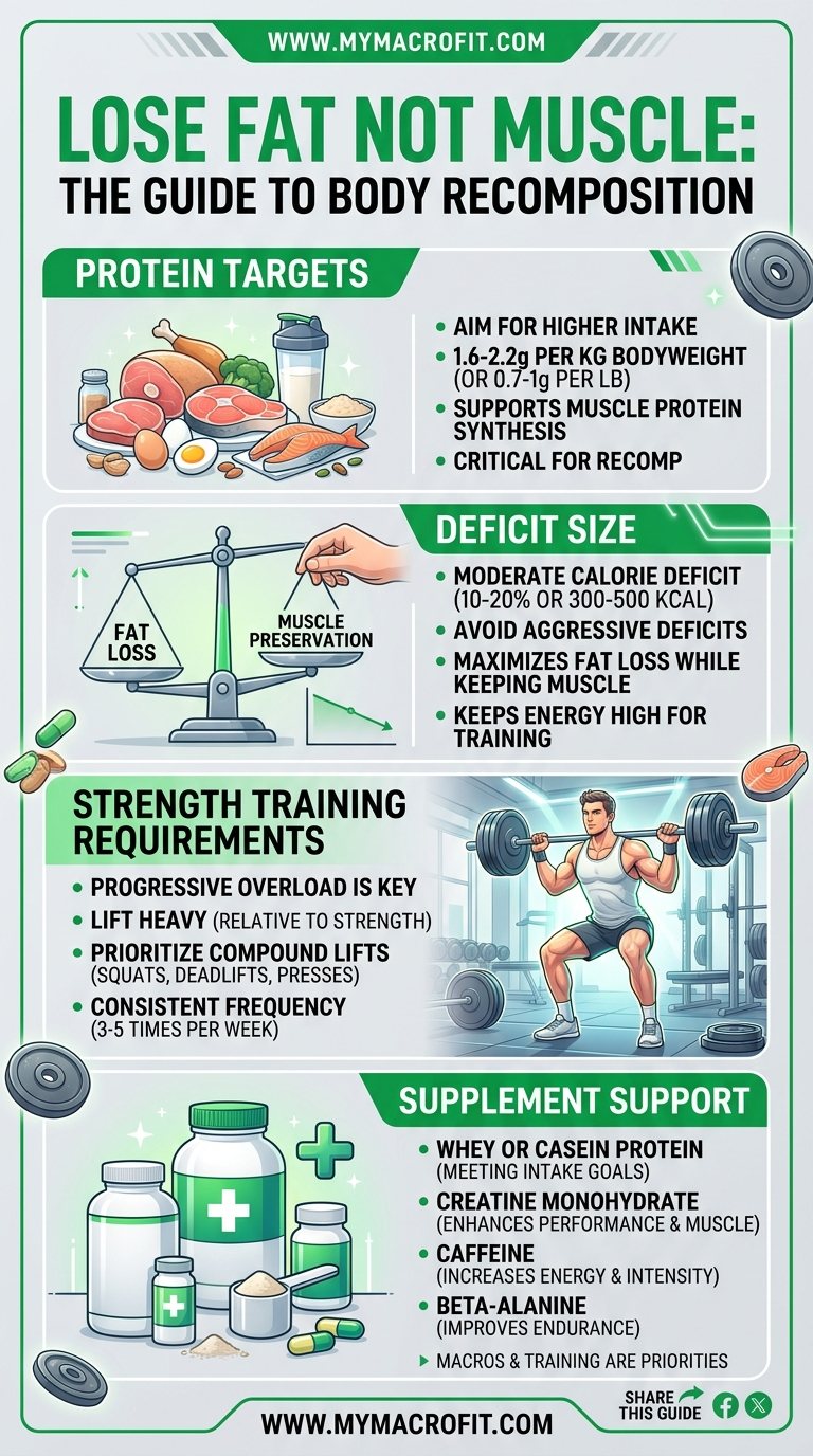 Lose fat not muscle guide, protein targets, deficit size, training requirements and supplement support for body recomposition