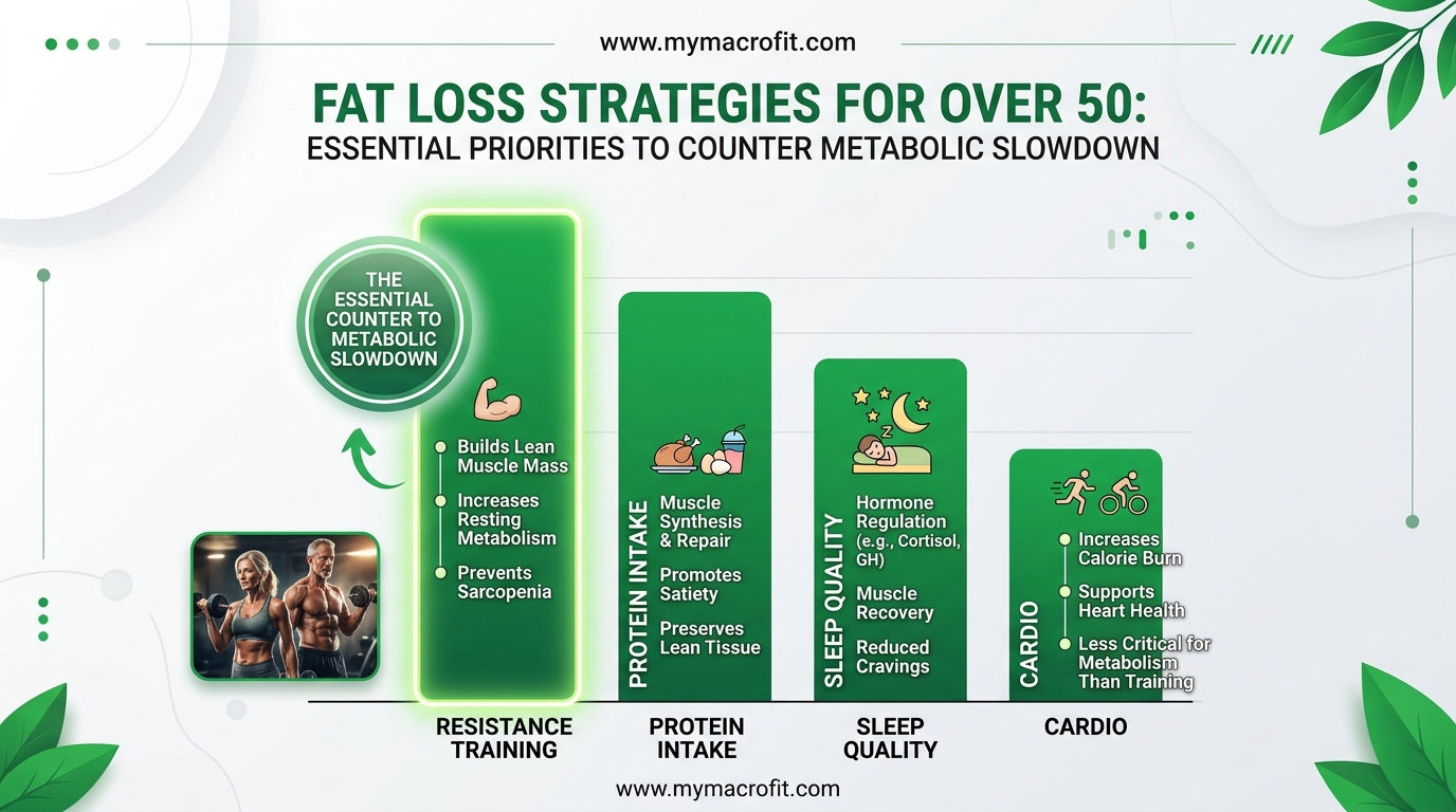 Fat loss strategy priorities for over 50, comparing resistance training, protein, sleep and cardio for this life stage