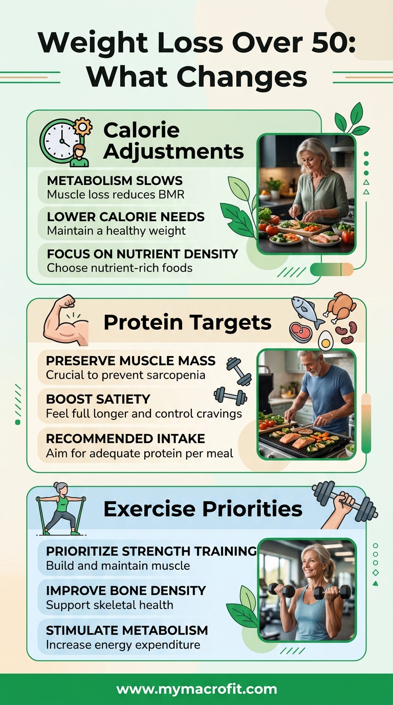 Weight loss over 50 guide, what changes after 50, calorie adjustments, protein targets and exercise priorities for this life stage