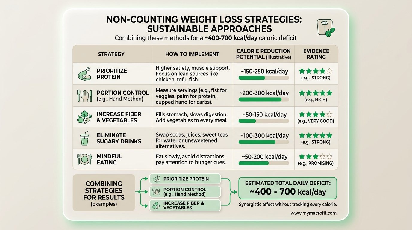 Non-counting weight loss strategies, calorie reduction per strategy with evidence rating