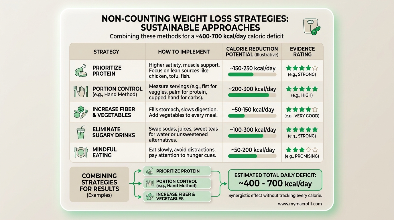 Non-counting weight loss strategies, calorie reduction per strategy with evidence rating