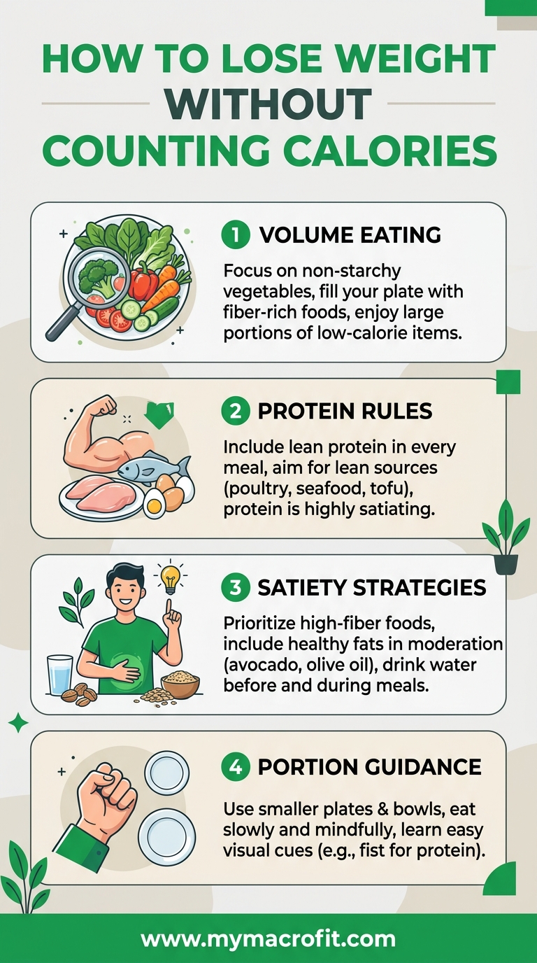 Lose weight without counting calories, volume eating, protein rules, satiety strategies and portion guidance