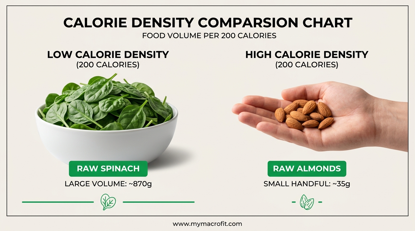Calorie density comparison chart, showing volume of food you get per 200 calories across different food types