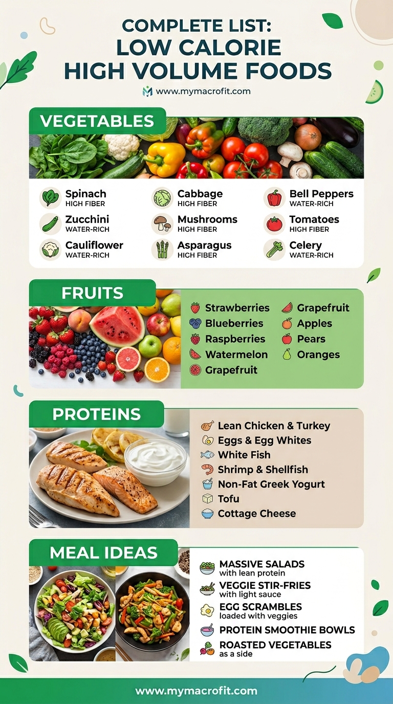 Low calorie high volume foods complete list, vegetables, fruits, proteins, and meal ideas for volume eating