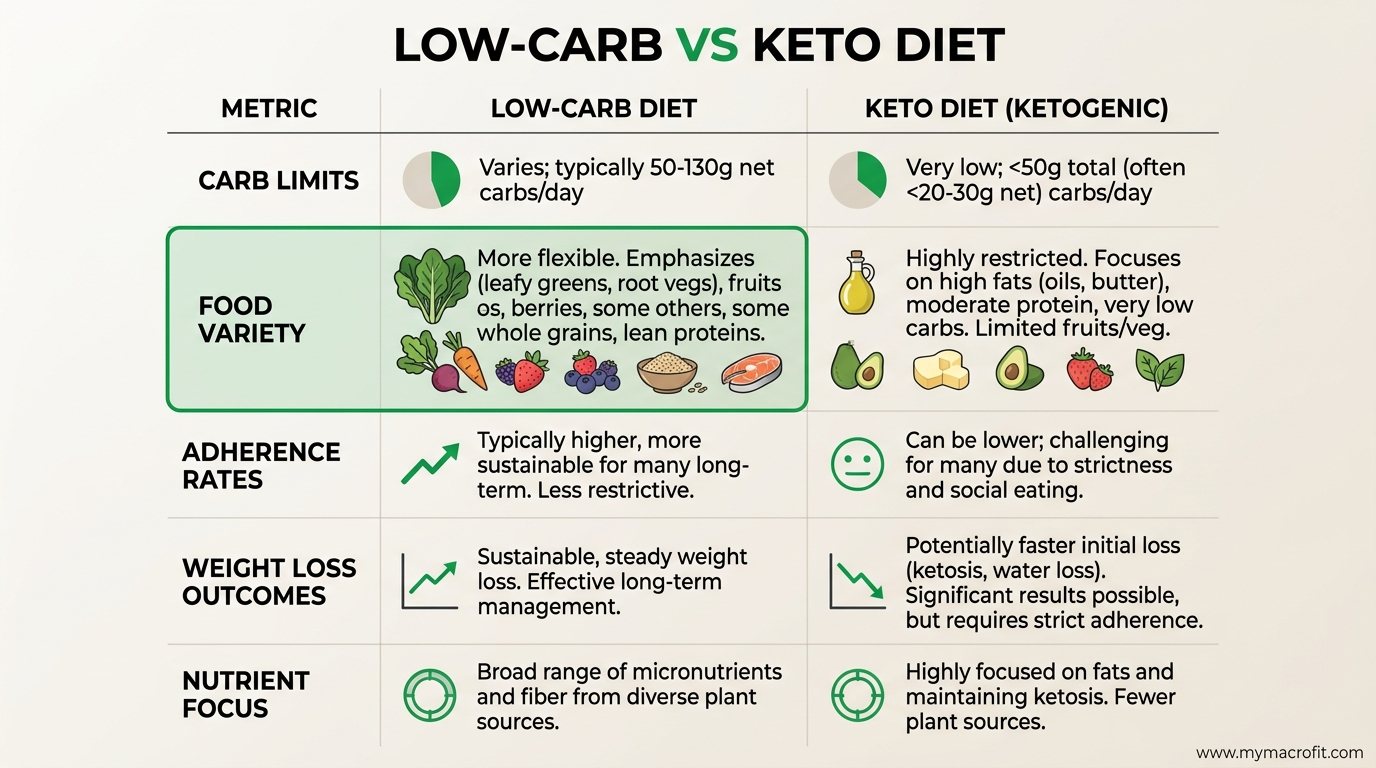 Low carb vs keto comparison, carb limits, food variety, adherence rates, and weight loss outcomes
