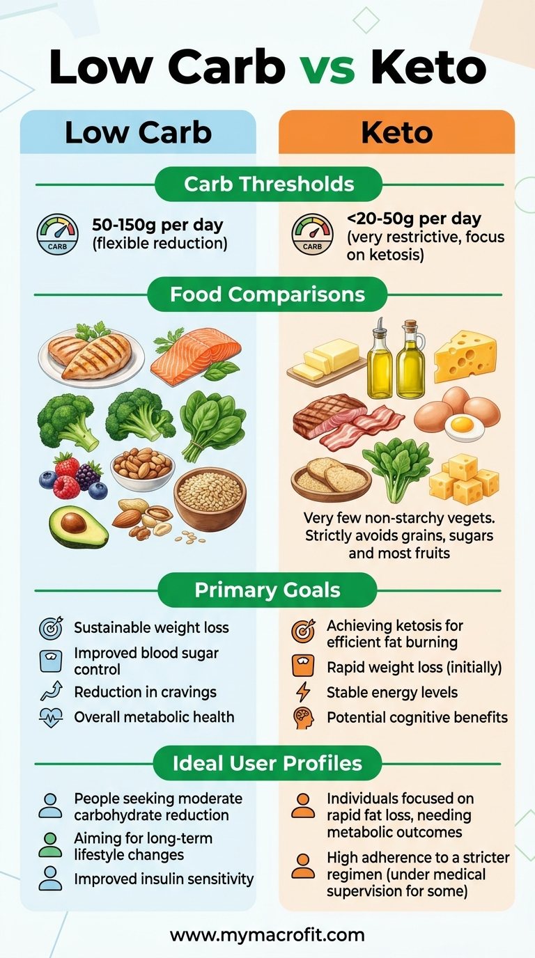 Low carb vs keto, carb thresholds, food comparison, what each achieves, and who each suits