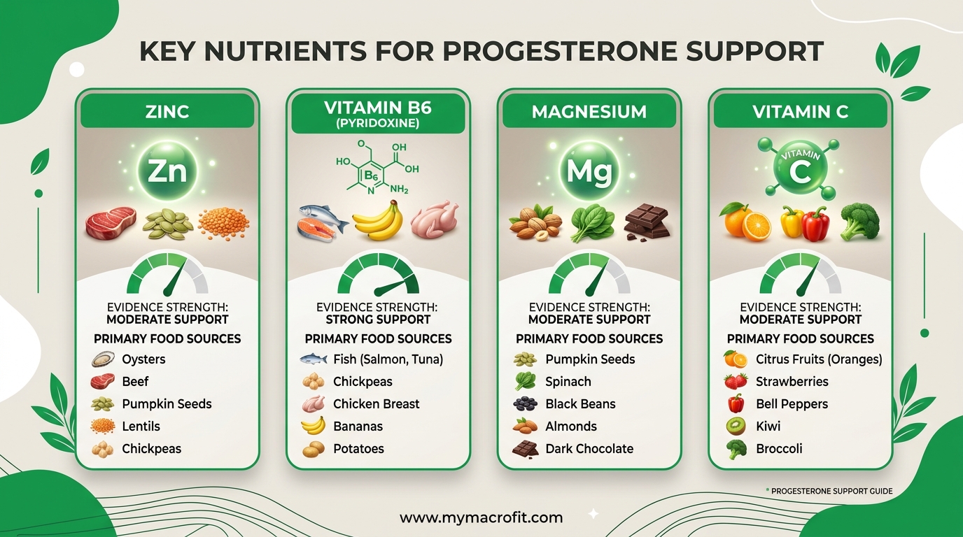Nutrients for progesterone support, zinc, B6, magnesium, vitamin C, with evidence strength and best food sources