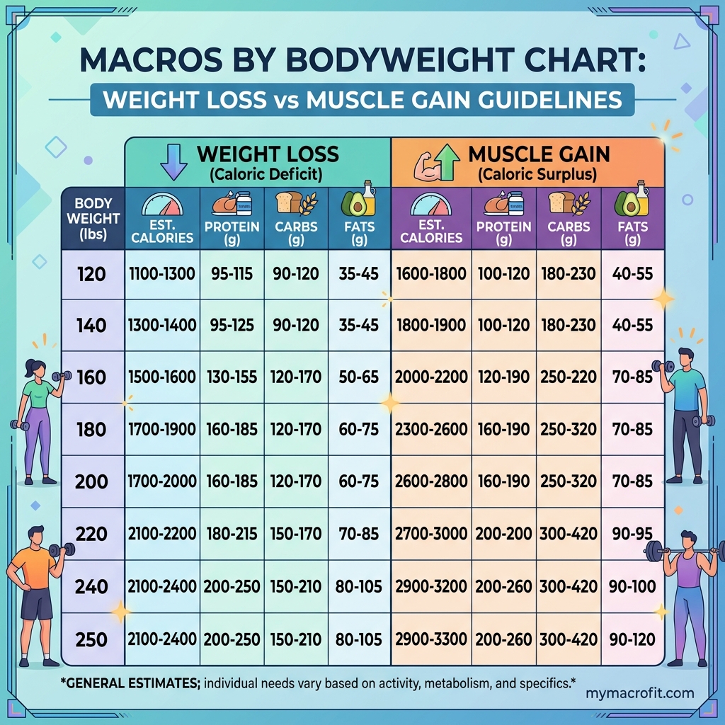 Macros by Body Weight: Protein, Carb and Fat Targets Chart infographic