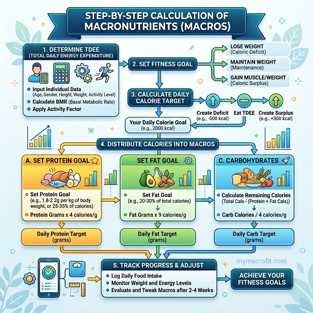 Macro calculation diagram, step-by-step process from TDEE to protein, fat, and carbohydrate targets