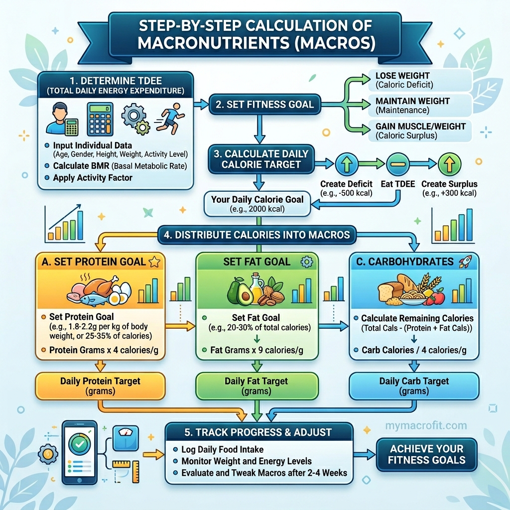 Macro calculation diagram — step-by-step process from TDEE to protein, fat, and carbohydrate targets