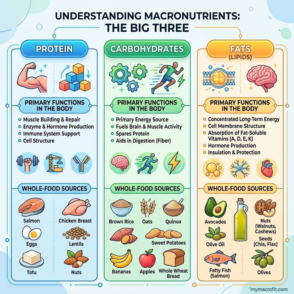 Complete macros guide infographic, protein, carbs, and fat roles, calorie values, and macro split examples
