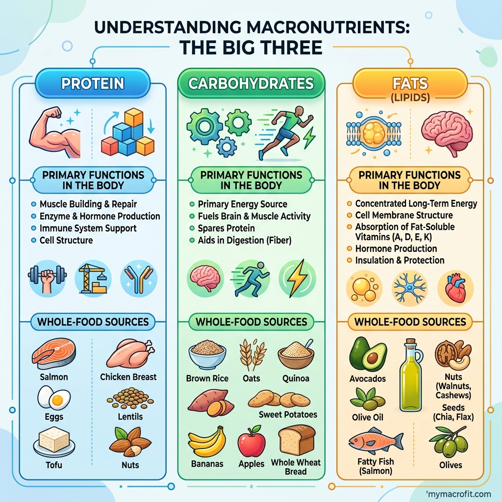 Complete macros guide infographic — protein, carbs, and fat roles, calorie values, and macro split examples