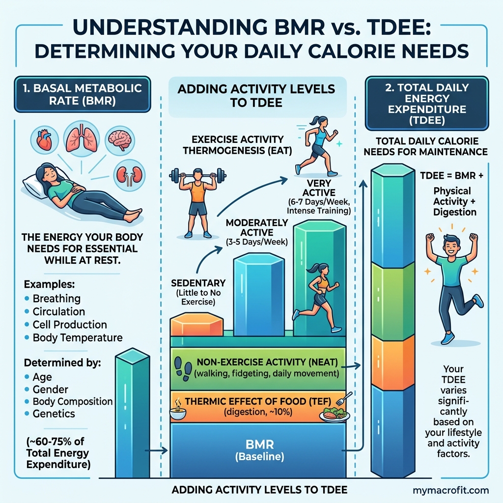 Men's macro calculation diagram — step-by-step from TDEE to protein, carb and fat targets by goal