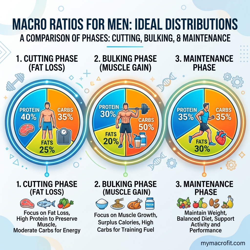 Macros for men infographic — protein, carb, and fat targets for fat loss, muscle building, and maintenance