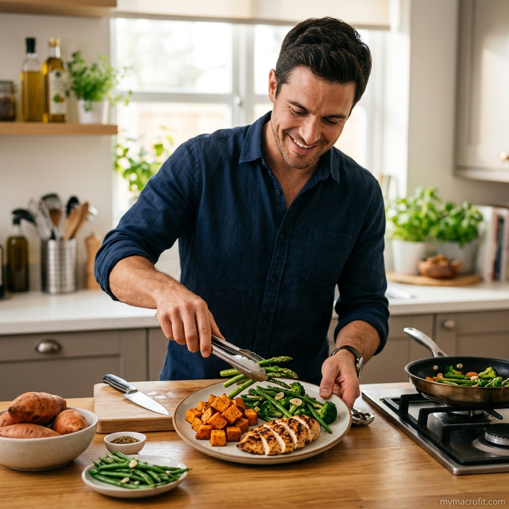 High-protein meal for men — chicken breast, rice, eggs, Greek yogurt and lean beef arranged on a prep board
