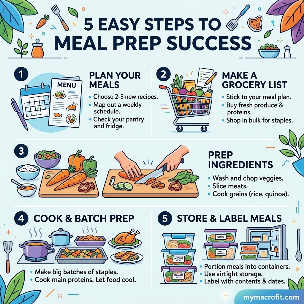 Beginner meal prep guide infographic, 6 meal prep containers for the week with balanced meals