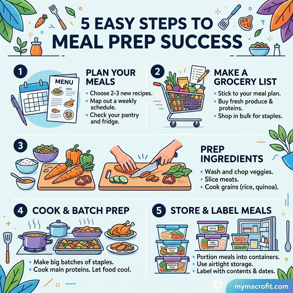 Beginner meal prep guide infographic, 6 meal prep containers for the week with balanced meals